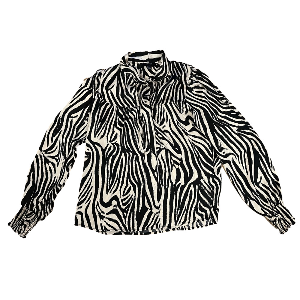 Haver London Black & White Zebra Print Smocked Cuff Tie Neck Blouse Small